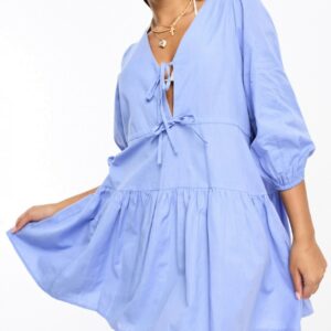 Esmee linen mix long sleeve tiered mini tie front beach dress in denim blue