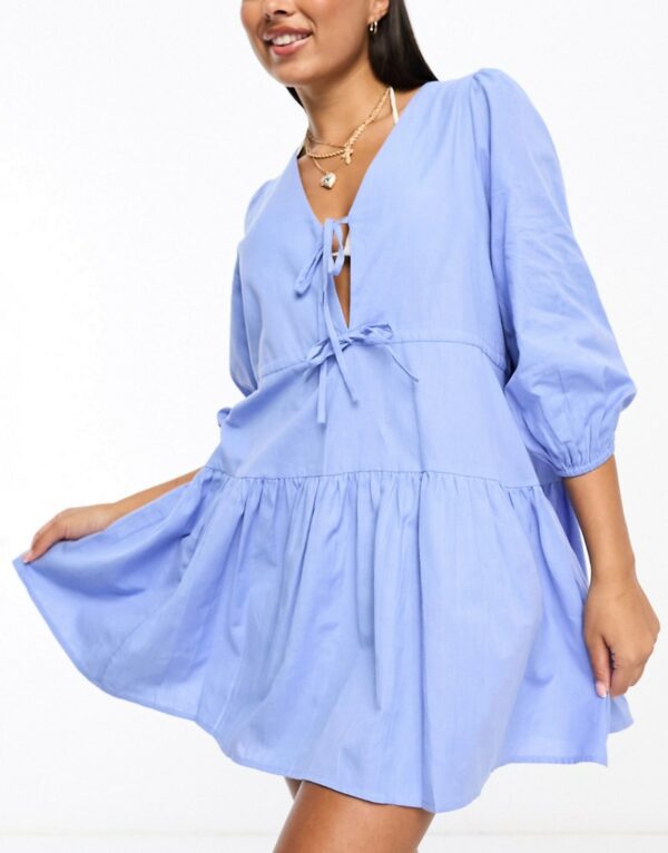 Esmee linen mix long sleeve tiered mini tie front beach dress in denim blue