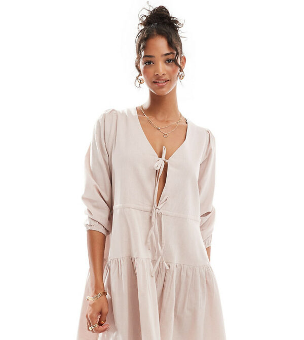 Esmee linen mix long sleeve tiered mini tie front beach dress oat-White