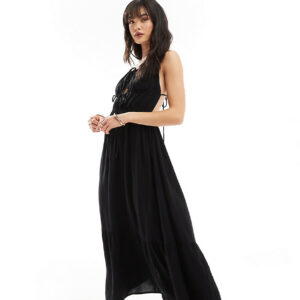 Esmee tie front cut out tiered maxi strappy beach dress in black