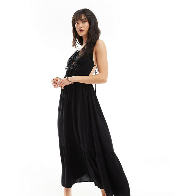 Esmee tie front cut out tiered maxi strappy beach dress in black