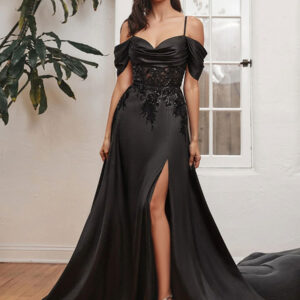 Evening Dress 2024 A-Line Square Neck With Train Sleeveless Backless Split Front Satin Formal Dinner Dresses