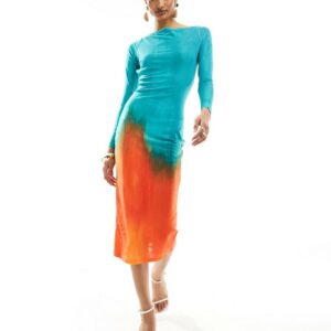 Farai London Alamea mesh backless long sleeve bodycon midi dress in blue and orange ombre-Multi