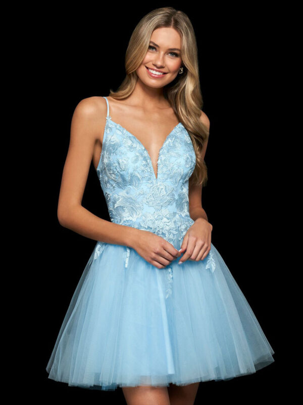 Fashion With Homecoming Dress Sleeveless Backless Short A-Line V-Neck Polyester Lace Water Blue Party Dress