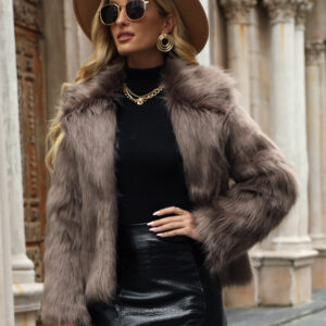 Faux Fur Coat Lapel Open Front Solid Color Fall Winter Jacket For Women