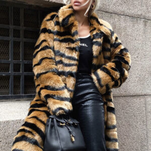 Faux Fur Coat Tiger Print Winter Midi Outerwear For Women 2024