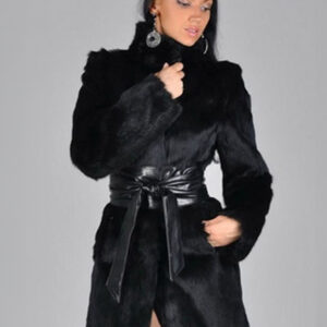 Faux Fur Coat Women Black Long Sleeve Winter Overcoat Sash Excluded