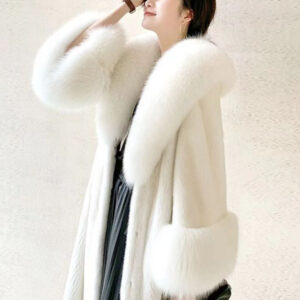 Faux Fur Coats Blue Raised Waist Long Sleeves Winter Coat