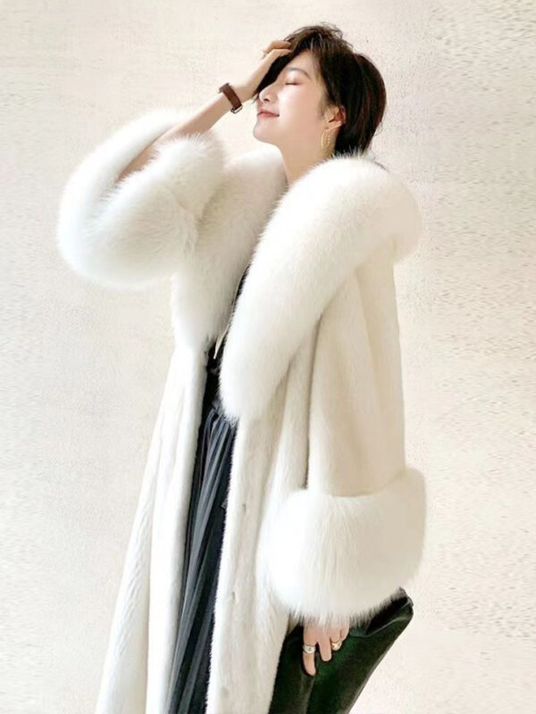 Faux Fur Coats Blue Raised Waist Long Sleeves Winter Coat