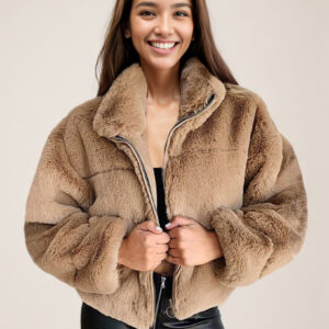 Faux Fur Coats For Women Long Sleeves Casual Stretch Stand Collar Khaki Winter Coat