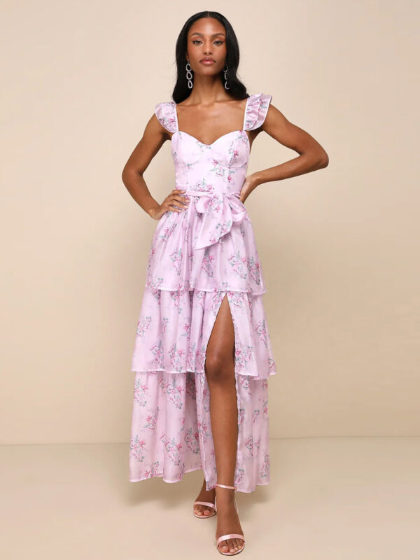 Floral Dress Layered Ruffles Backless High Slit Brunch Party Midi Dresses