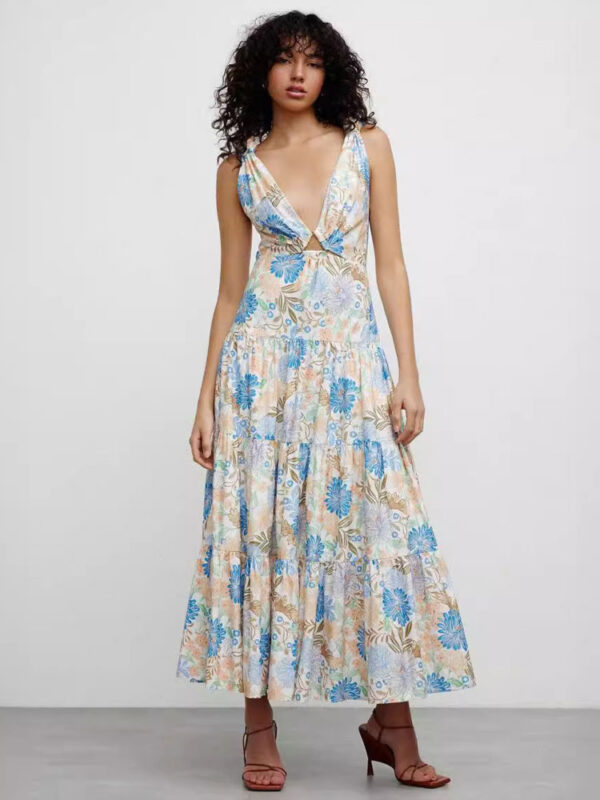 Floral Dress Tiered Cut Out Knot Metal Detail Summer Casual Maxi Dresses