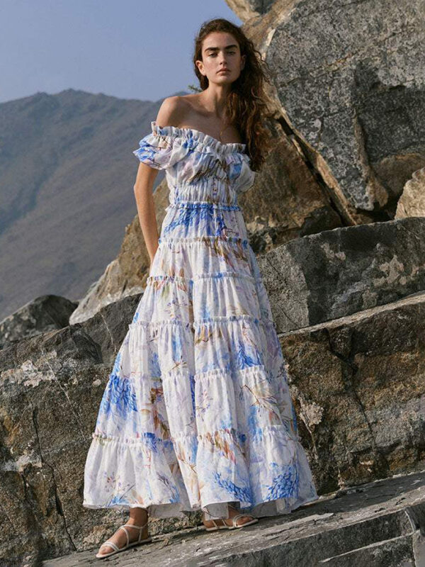 Floral Dress Tiered Ruffles Off The Shoulder Elegant Party Prom Maxi Dresses