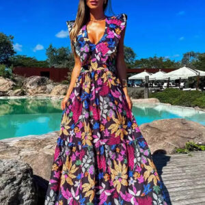 Floral Dress V-Neck Sleeveless Tiered Resort Casual Summer Maxi Dresses