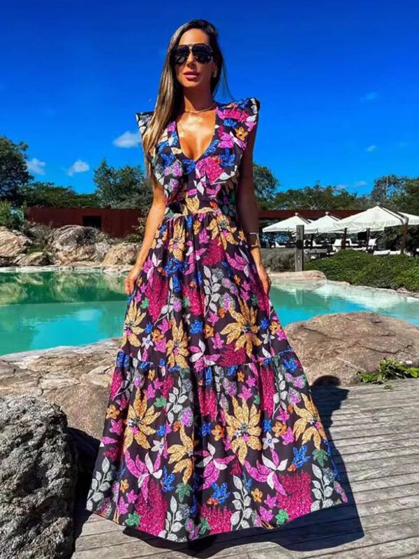 Floral Dress V-Neck Sleeveless Tiered Resort Casual Summer Maxi Dresses