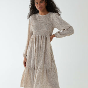 Floral Long Sleeve Tiered Dress - 8 / Cream/Camel