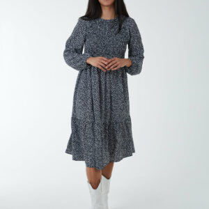 Floral Long Sleeve Tiered Dress - 8 / NAVY