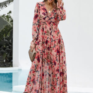 Floral Print Dress V-Neck Tiered Ruffles Trim Long Sleeves Boho Maxi Dresses