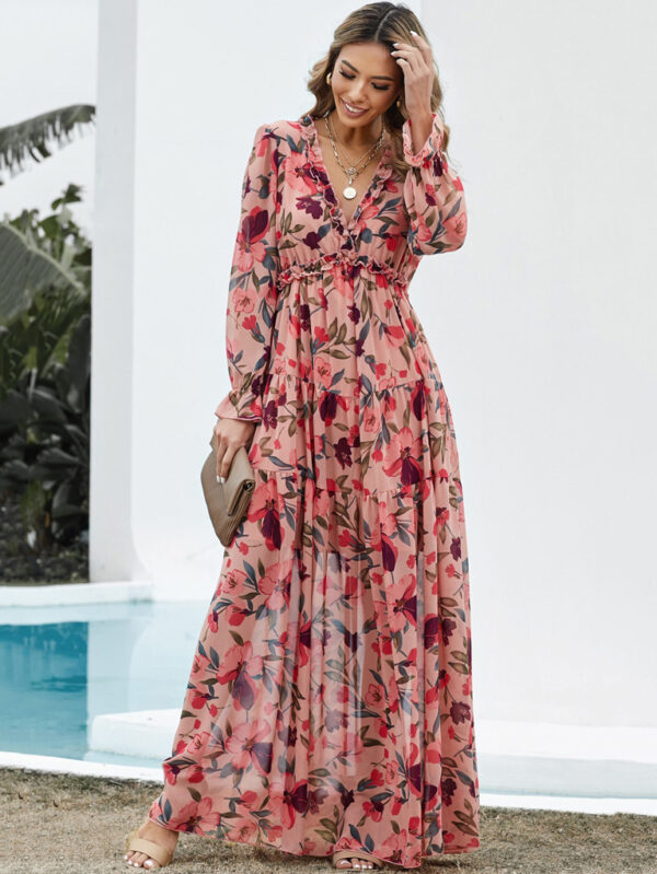 Floral Print Dress V-Neck Tiered Ruffles Trim Long Sleeves Boho Maxi Dresses