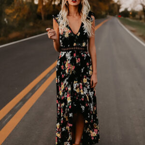 Floral Print Maxi Dress V Neck Backless High Low Split Long Summer Dress