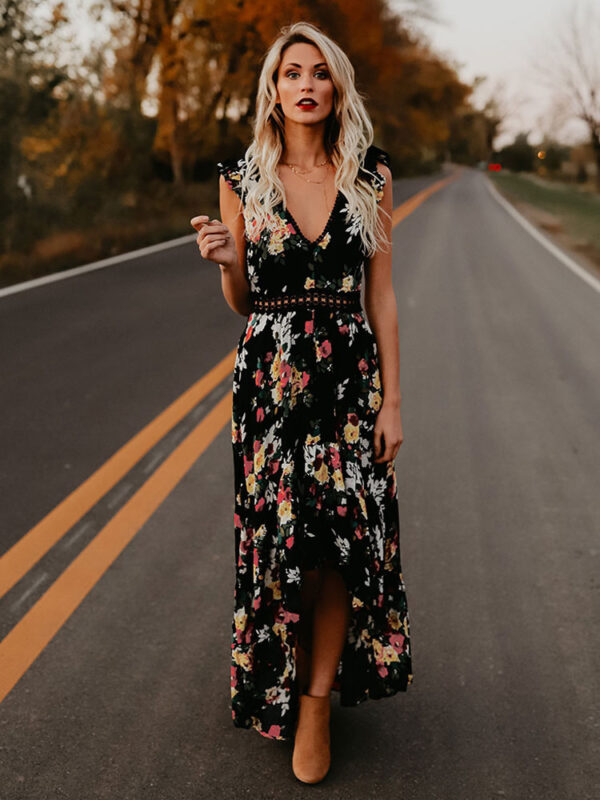 Floral Print Maxi Dress V Neck Backless High Low Split Long Summer Dress