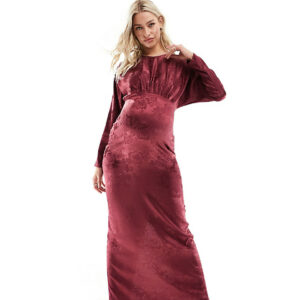 Flounce London Maternity satin maxi dress with kimono sleeve in port-Red