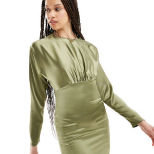 Flounce London Tall satin maxi dress with kimono sleeve in olive-Green