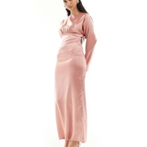 Flounce London satin maxi dress with kimono sleeve in dark blush-Yellow