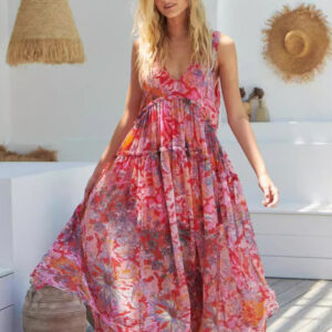 Flowy Dress Tiered Spaghetti Strap V-Neck Backless Bohemian Maxi Dresses