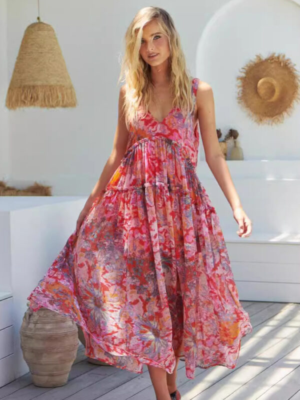 Flowy Dress Tiered Spaghetti Strap V-Neck Backless Bohemian Maxi Dresses