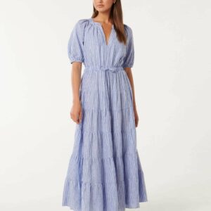 Forever New Women's Gabbie Tiered Midi Dress in Blue Stripe, Size 8 Linen/Viscose/Viscose