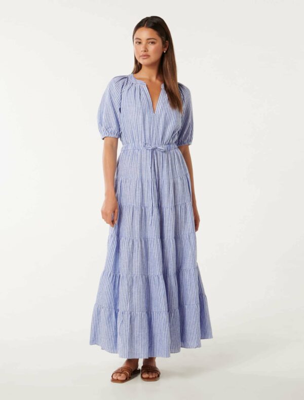 Forever New Women's Gabbie Tiered Midi Dress in Blue Stripe, Size 8 Linen/Viscose/Viscose