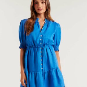 Forever New Women's Juni Petite Tiered Mini Dress in Blue Pigment, Size 8 Linen/Viscose