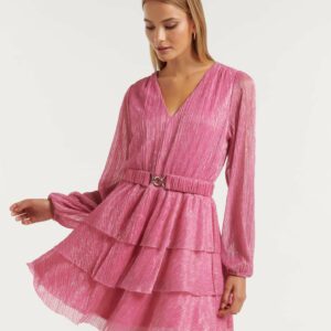 Forever New Women's Nancy Plisse Tiered Mini Dress in Pink, Size 6 Metallised Fibre/Polyester