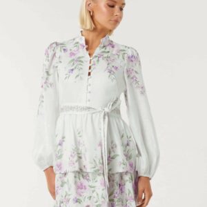 Forever New Women's Raine Printed Tiered Mini Dress in Alma Floral, Size 16 Linen/Viscose