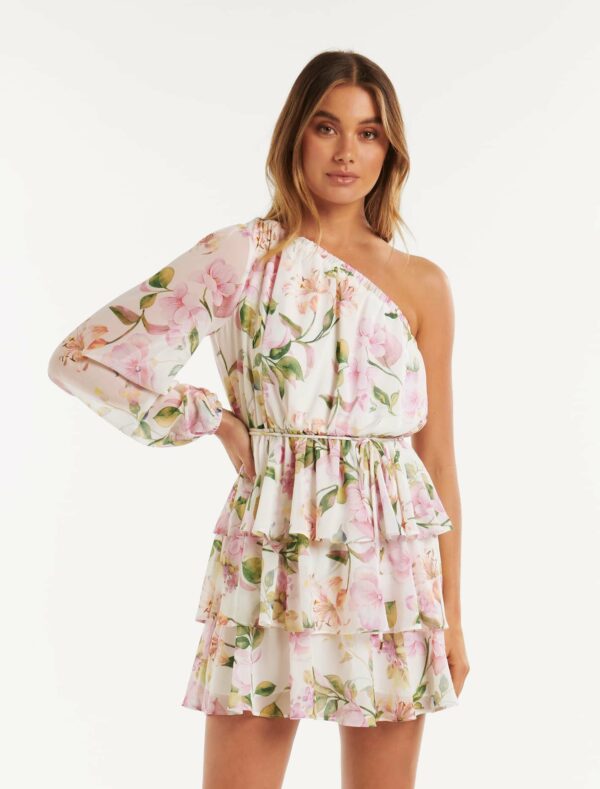 Forever New Women's Sienna One-Shoulder Tiered Mini Dress in Small Holland Floral, Size 16 Main/Polyester