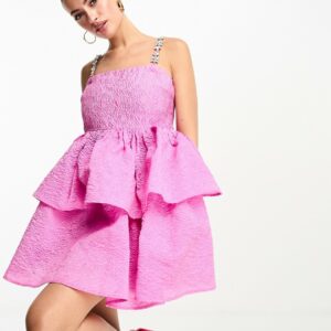 Forever Unique diamante strap tiered jacquard mini dress in pink