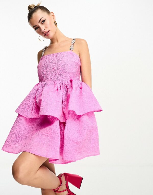 Forever Unique diamante strap tiered jacquard mini dress in pink