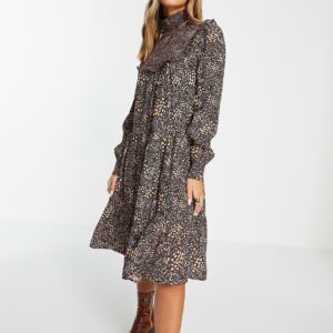 French Connection Faith drape high neck tiered midi dress in brown animal print