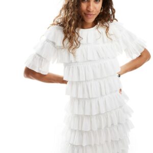 Ghospell tiered ruffle midaxi dress in cream-White