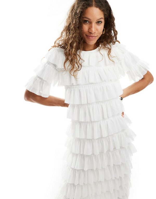 Ghospell tiered ruffle midaxi dress in cream-White