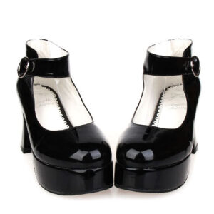 Glossy Black High Chunky Heels Lolita Shoes Platform Ankle Strap Buckle