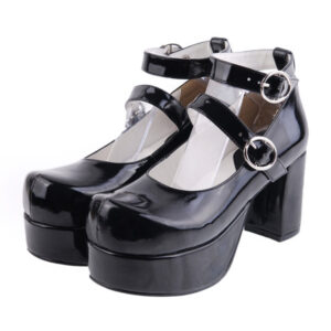 Glossy Black Lolita Heels Shoes Platform Shoes Ankle Straps Buckles