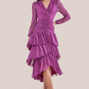 Goddiva Gathered High & Low Tiered Maxi Dress - Berry