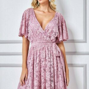 Goddiva Lace Kimono Wrap Skater Mini Dress - Mauve