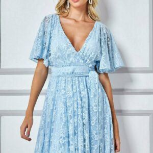 Goddiva Lace Kimono Wrap Skater Mini Dress - Powder Blue