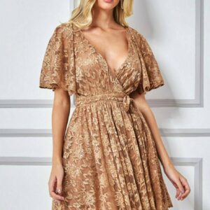 Goddiva Lace Kimono Wrap Skater Mini Dress - Tan