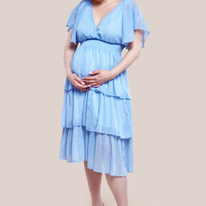 Goddiva Maternity Plain Lurex Chiffon Tiered Midi Dress - Light Blue