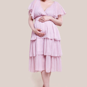 Goddiva Maternity Plain Lurex Chiffon Tiered Midi Dress - Pink