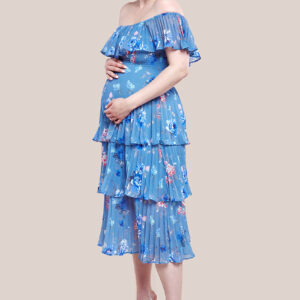 Goddiva Maternity Pleated Bodice Chiffon Tiered Midi Dress - Blue